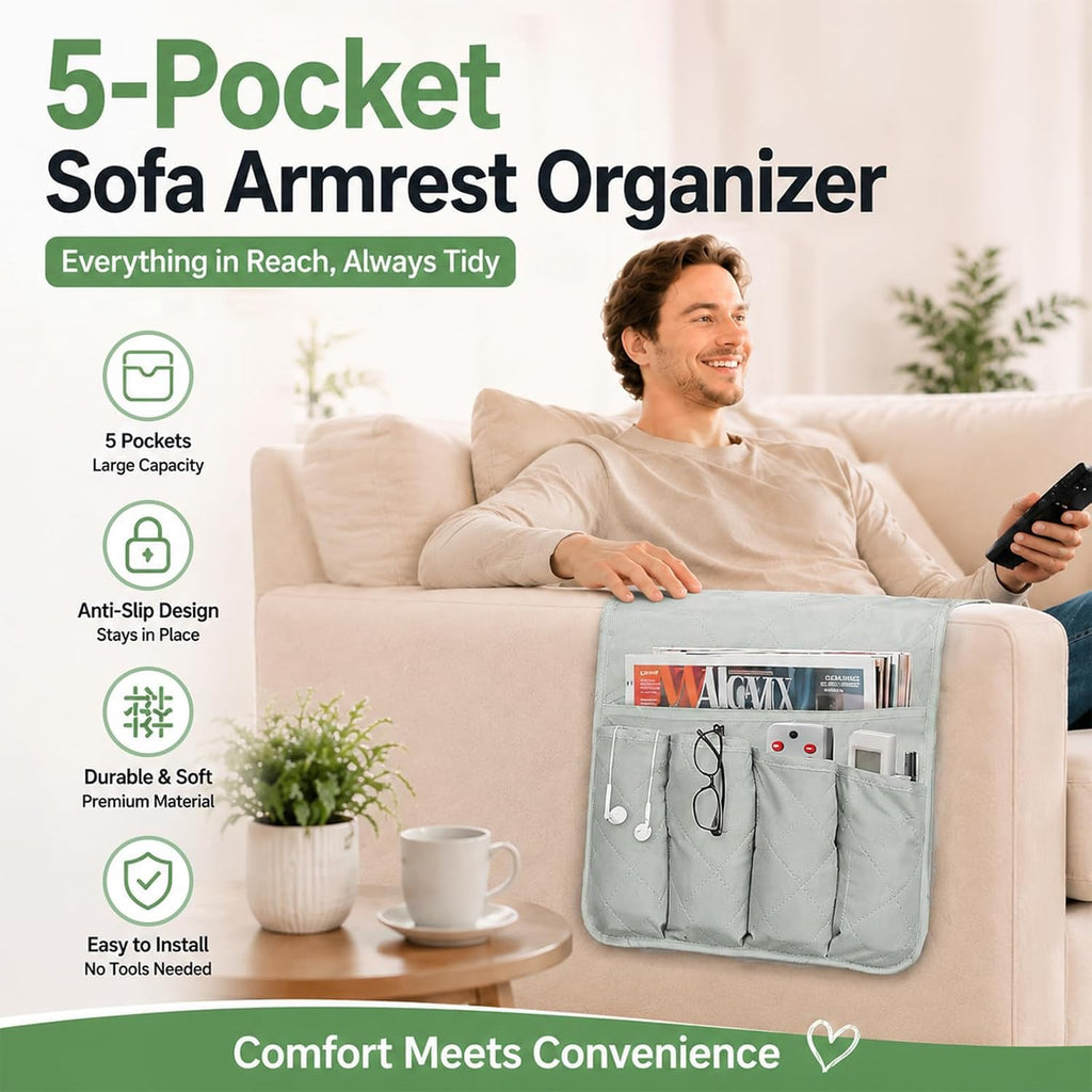 Armchair Caddy for Recliner, Non Slip Sofa Arm Organizer, Sage Gray