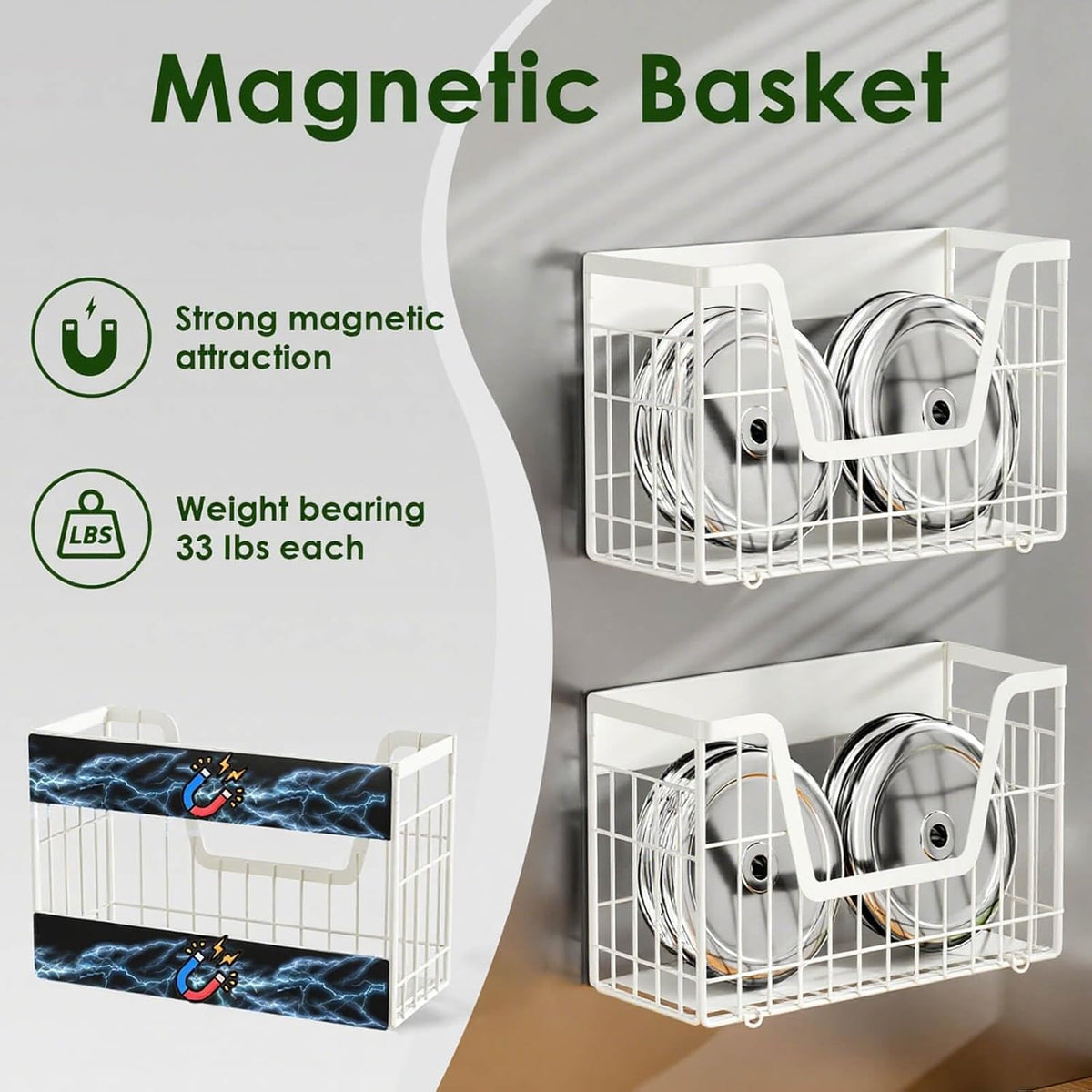 2 Set Magnetic Fridge Shelf, White Magnetic Fruit Basket for Fridge