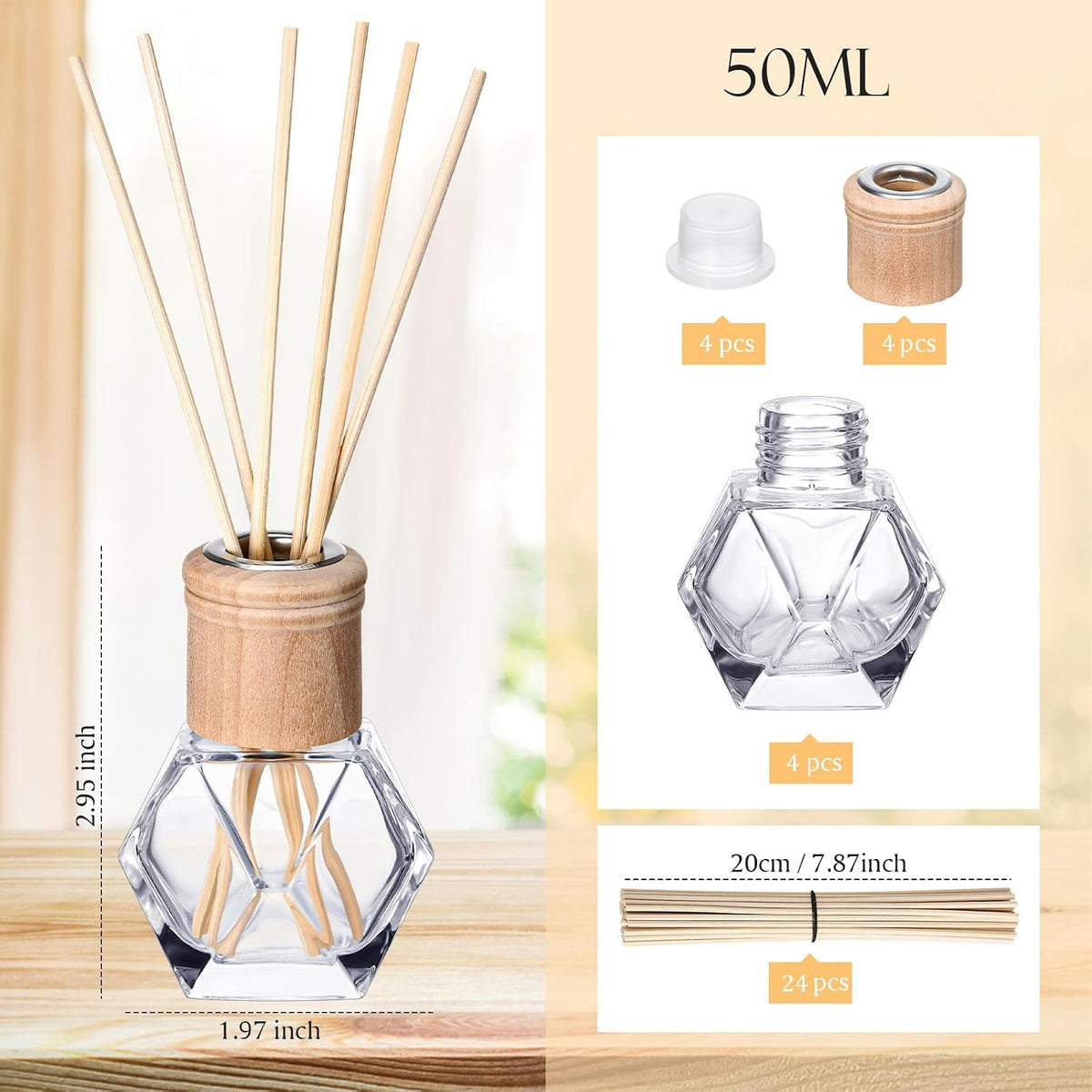 Roshtia 4 Set Reed Diffuser Bottle Empty Refillable Fragrance Glass Diffuser Bottles Set with Wooden Caps Rattan Sticks 50ml 1.7 oz Irregular Glass Jars for DIY Fragrance