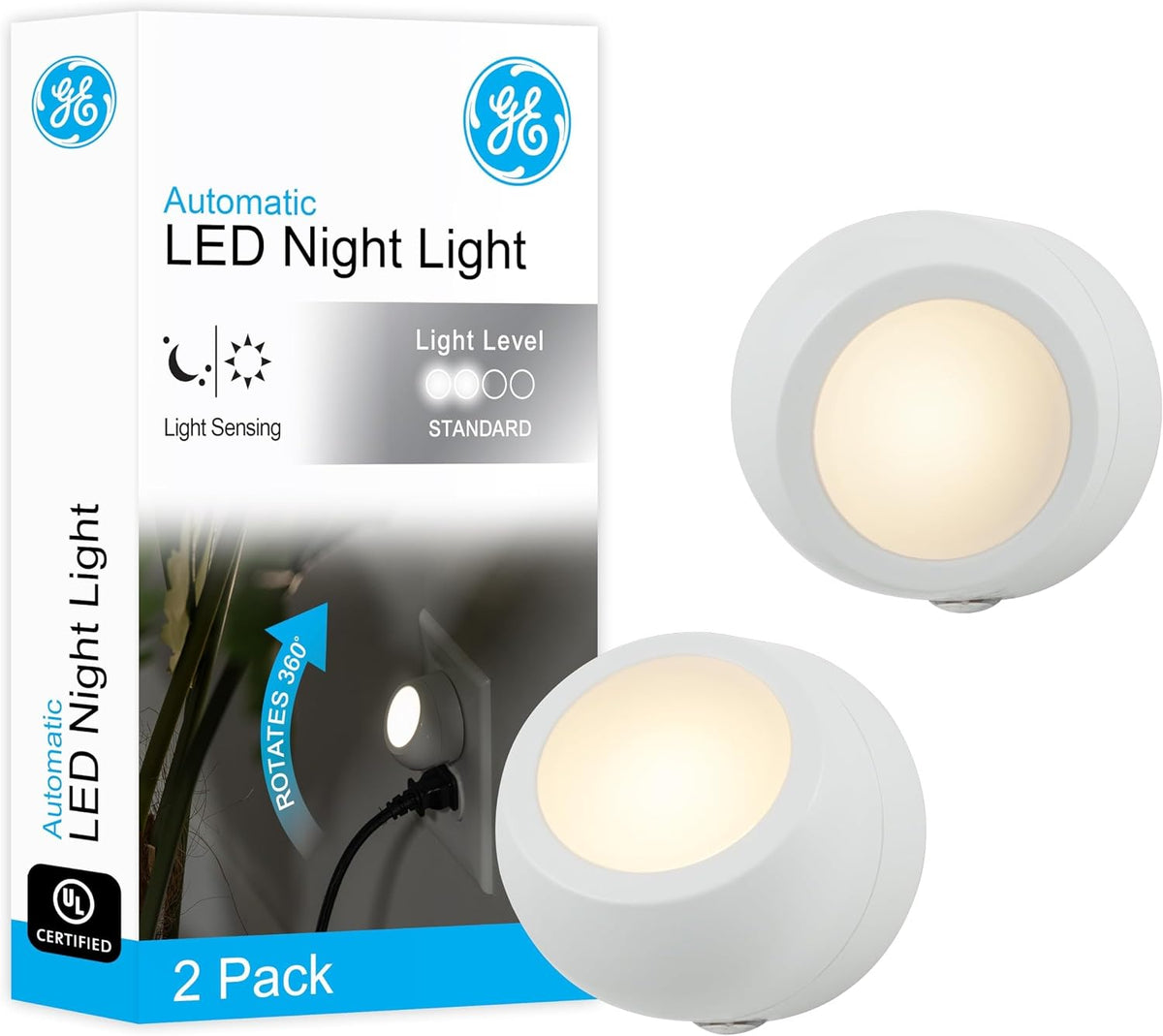 GE Rotating Plug in Night Light, Home Decor, Apartment Essentials, LED Lights for Bedroom, Ambient Lighting, Dusk to Dawn Sensor, Nightlight, Bathroom, Dorm Room 31533, (Pack of 16)