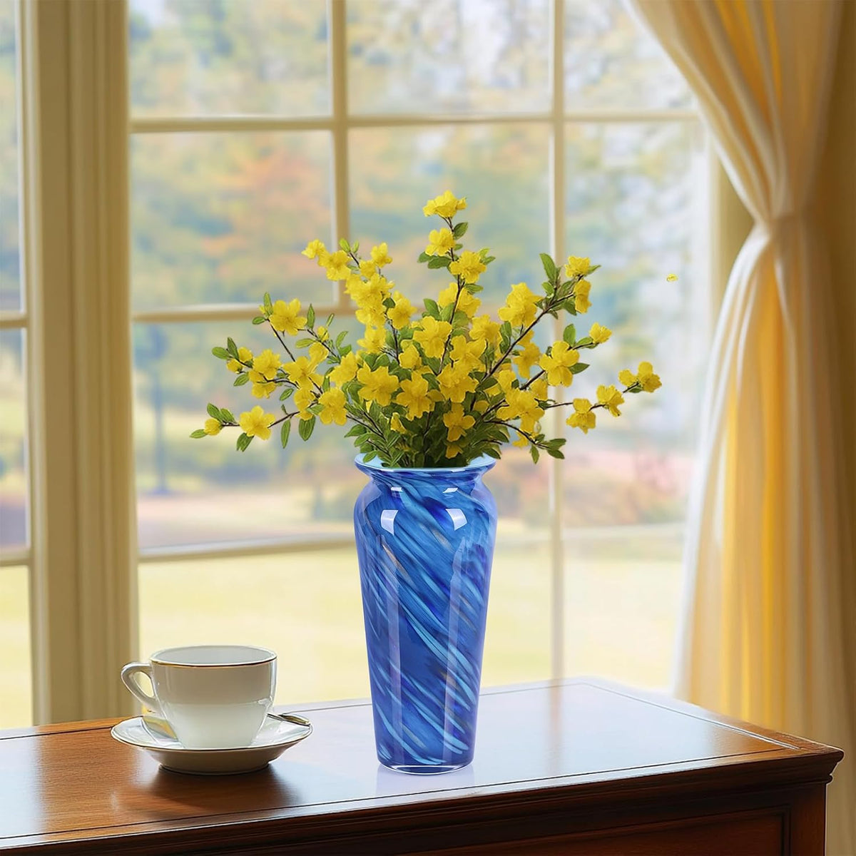 Blue Hand Blown Glass Vase – Tall Speckled Decorative Centerpiece in Murano Style for Dining Table, Coffee Table, Mantel, Entryway, or Bookshelf in Coastal or Modern Decor (Blue)