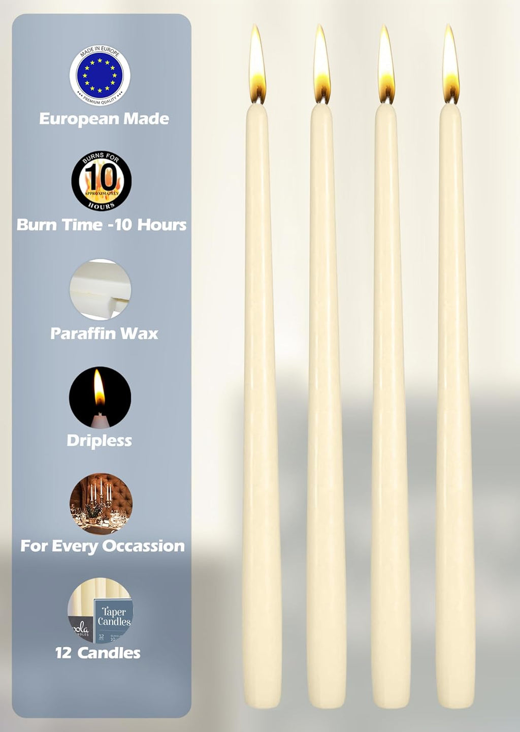 Hyoola 12 Pack Tall Taper Candles - 12 Inch Woolwhite Dripless, Unscented Dinner Candle - Paraffin Wax with Cotton Wicks - 10 Hour Burn Time