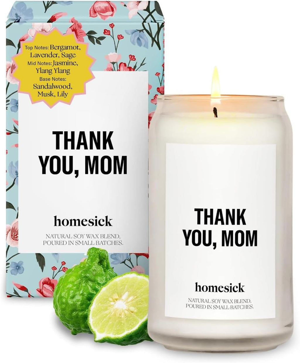 Homesick Thank You Mom Candle – 13.75 oz Scented Candle in Sage Sandalwood Soy Wax Blend, Non-Toxic, 80 Hr Burn with Organic Cotton Wick, Reusable Jar – Best Wedding & Engagement Gifts for Couples