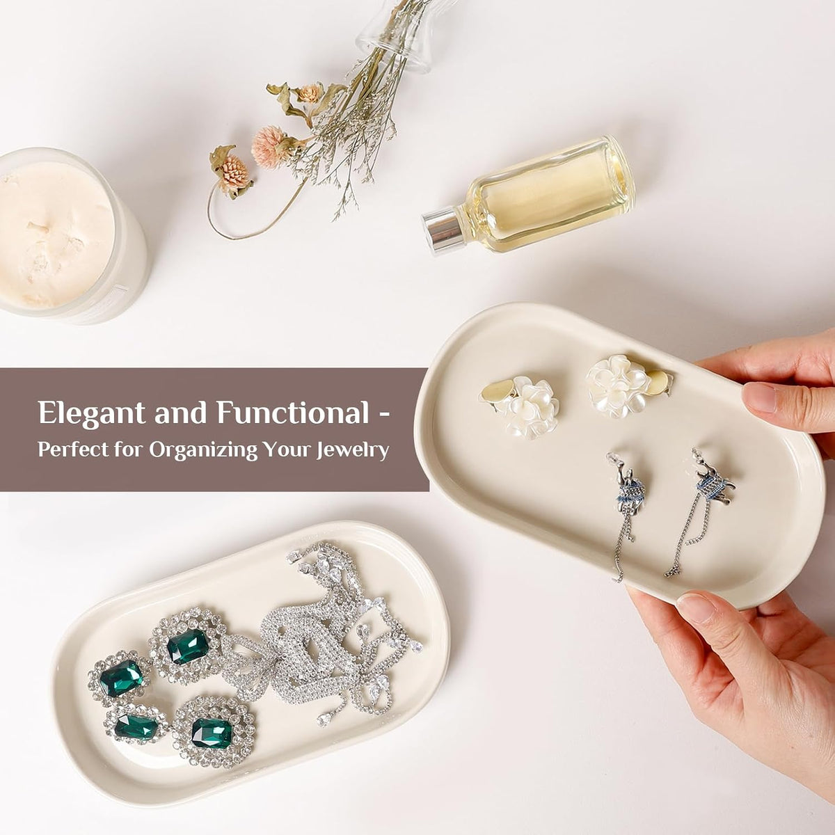 2 Packs Ceramic Jewelry Tray Oval Vanity Dish for Rings Earrings