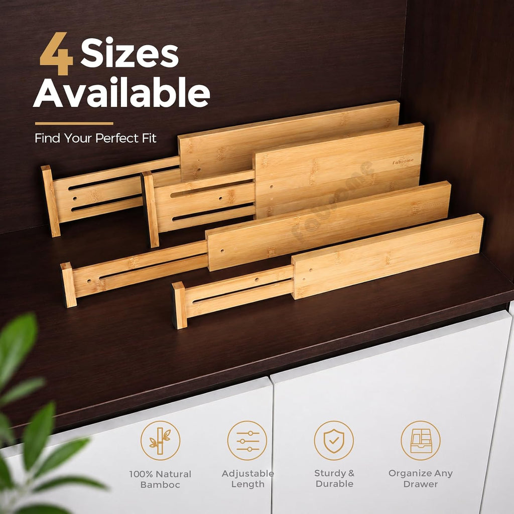 Fabsome Dresser Drawer Organizers 6 Pack, 4.65'' High Adjustable from 17-22‘’ Bamboo Drawer Dividers for Clothing Baby Clothes, Wooden Separators for Dresser Nursery Organization with Soft Foam Ends