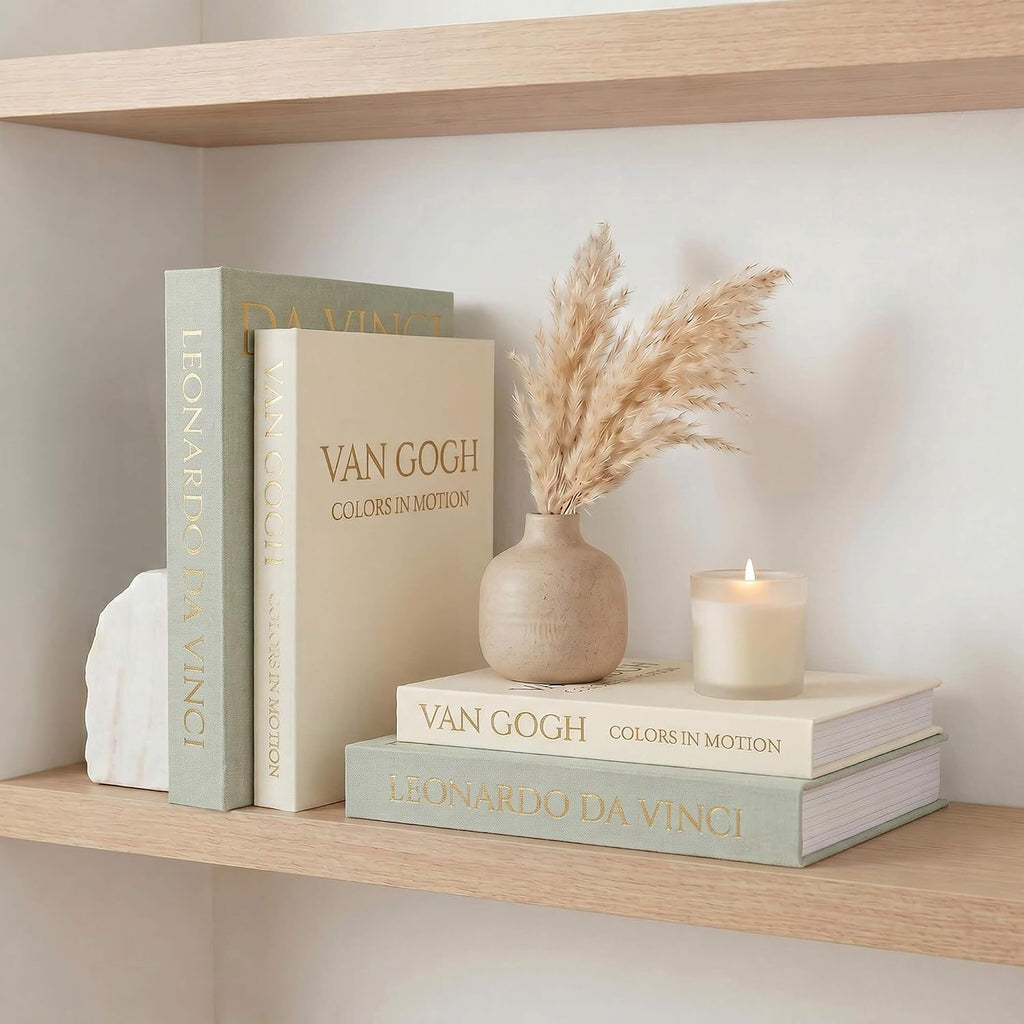 MAOBUYOU Decorative Storage Books Set of 2, Linen Cover, Gold Letters, White and Green
