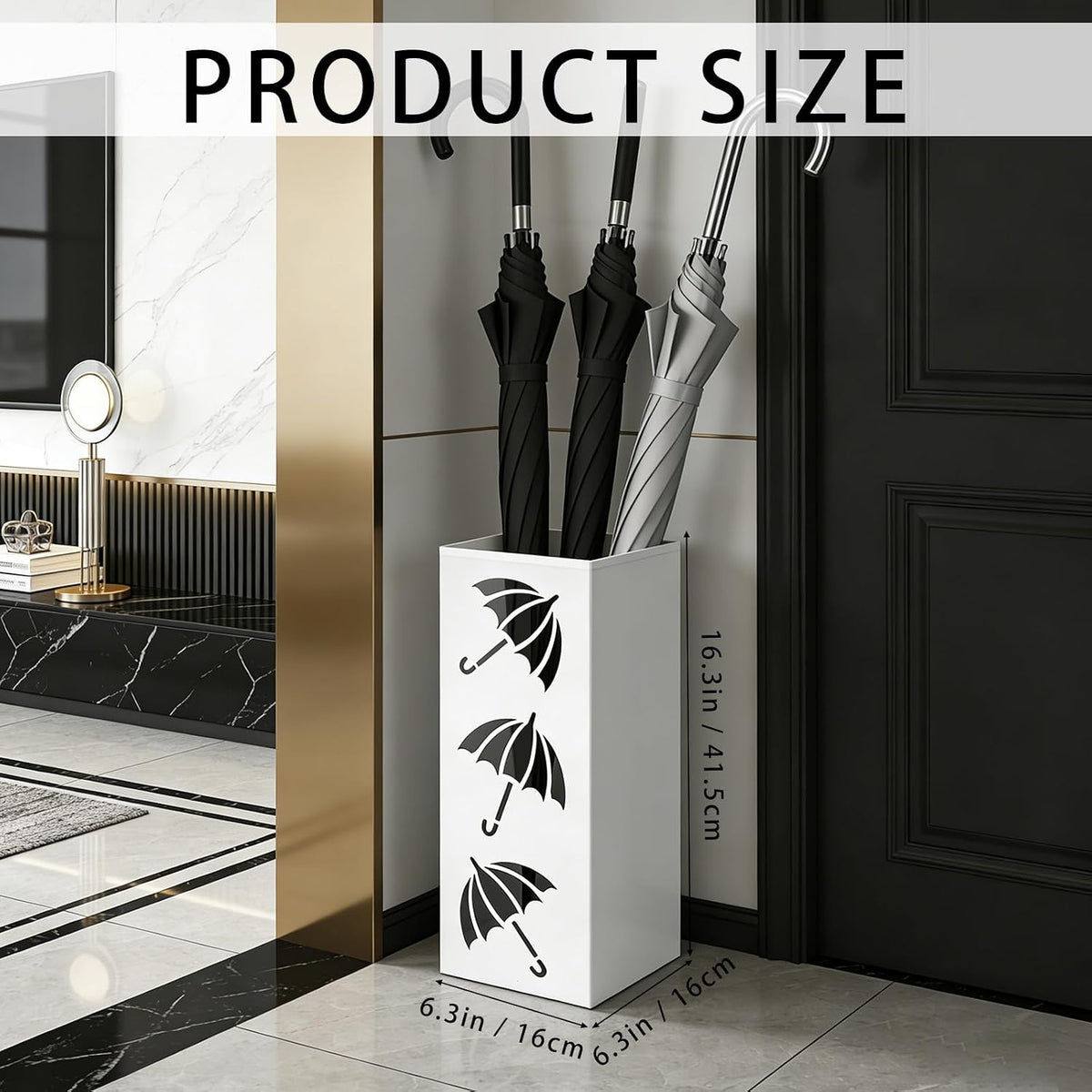 Metal Umbrella Holder, Square Freestanding Umbrella Stand Bucket Storage Indoor for Entryway, 6.3 x 6.3 x 16.3 Inch (White)