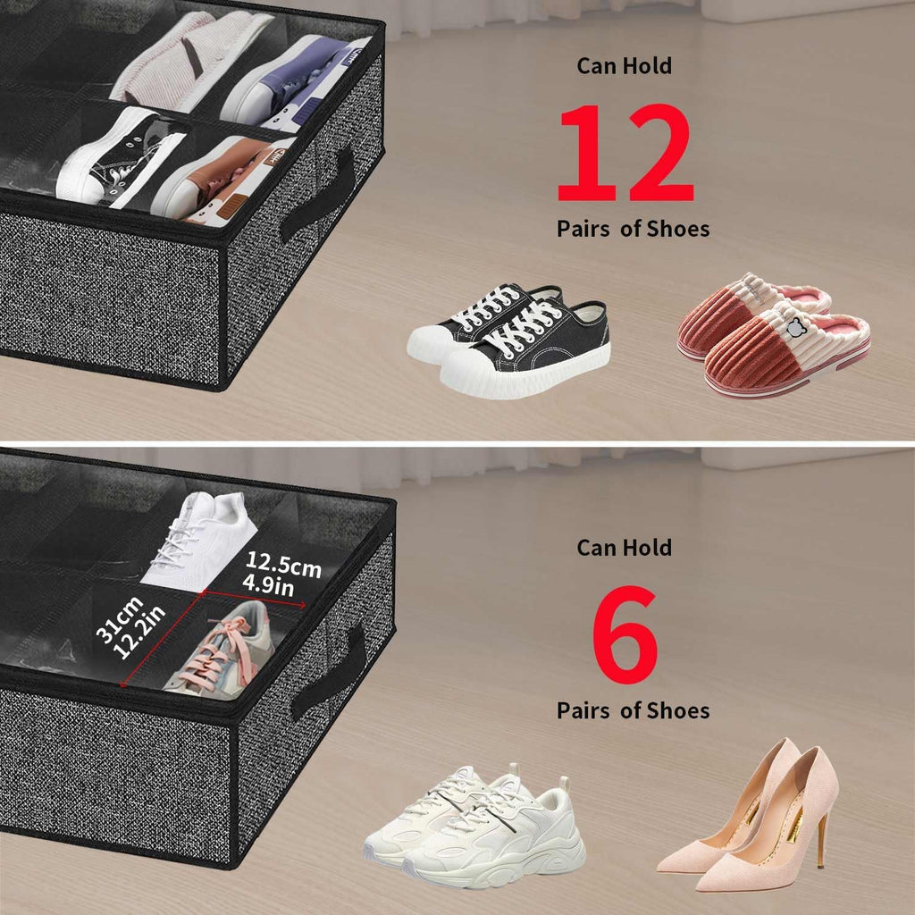 Onlyeasy Under Bed Shoe Storage Organizer with Sturdy Handles and Clear Window 1 Pack Fits 12 Pairs, Premium Foldable Underbed Shoes Container Box for Closet, Linen-like Black, MXAUBSB1P