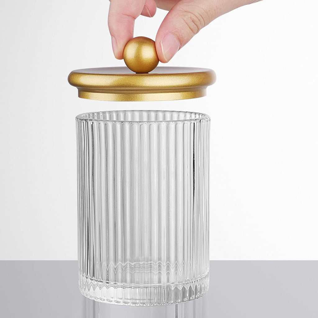 SheeChung 2 Pack Gold Ribbed Glass Qtip Holder with Metal Lids