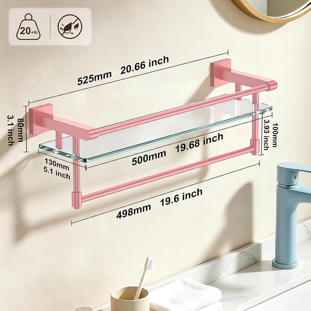 Bathroom Glass Shelf Towel Rack Shelf Glass Organizer Wall-Mounted Bathroom Storage SUS304 Stainless Steel Towel bar/Track Wall-Mounted Tempered Glass Stainless Steel Shelf (Pink, 20‘’ with Railing)