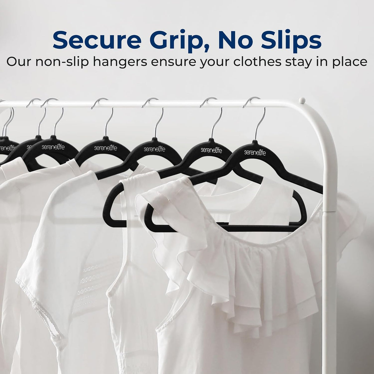 SereneLife 50-Pack Velvet Non-Slip Hangers – Slim Heavy Duty Clothes Hangers with 360° Swivel Hooks, Space-Saving Design, Lightweight & Durable Coat Hanger Set for Closet Organization (Black)