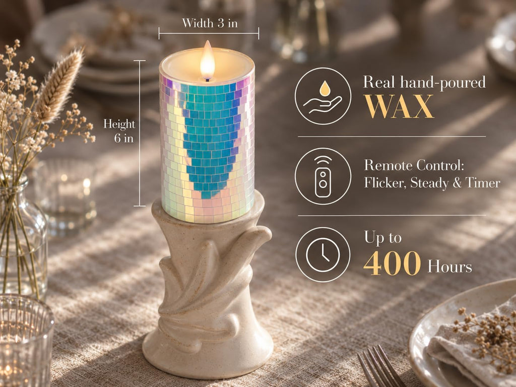 Glass Flameless Pillar Candles Flickering with Remote Timer, Battery Operated LED 3D Moving Flame Real Wax Candles,Remote Included (Rainbow Laser Mosaic)