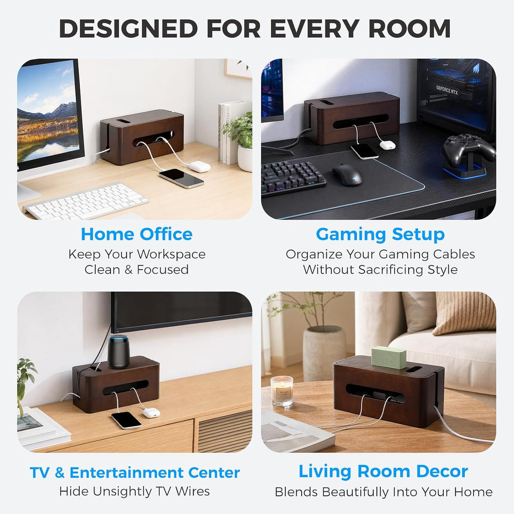 Large Wooden Cable Management Box, Cord Organizer for Power Strip, Surge Protector & Chargers, Ventilation Holes & Multi Cable Slots, Wire Hider for Desk, TV, Office & Gaming Setup