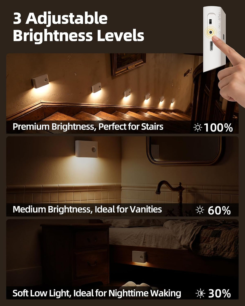 EZVALO Motion Sensor Night Lights, Rechargeable 1500mAh LED Stair Lights with Magnetic & Dimmable, Auto On/Off 3000K Soft White, Stick-On for Stairs, Hallway, Bathroom (4 Pack with Charging Station)
