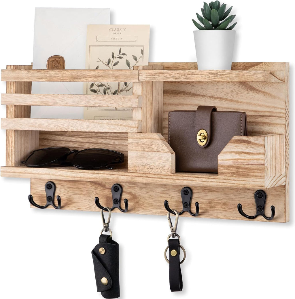 Lwenki Mail and Key Holder for Wall – Decorative 15.9” x 8.7” x 3.2” Entryway Organizer with Shelf – Paulownia Wood with 4 Dual Hooks Includes Mounting Hardware and Installation Guide (Wood)