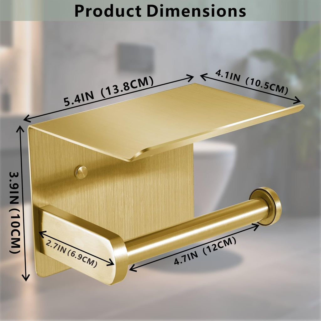 Toilet Paper Holder with Shelf, Heavy-Duty Stainless Steel Bathroom Hardware, Self-Adhesive No-Drill/Drill-Mount Wall-Mounted Roll Holder, Rust-Proof Bathroom Tissue Rack (Gold)