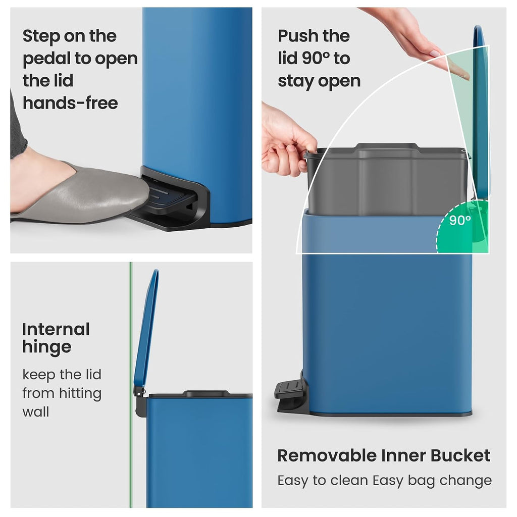 Cesun Small Bathroom Trash Can with Lid, 1.6 Gal, Soft Close, Blue