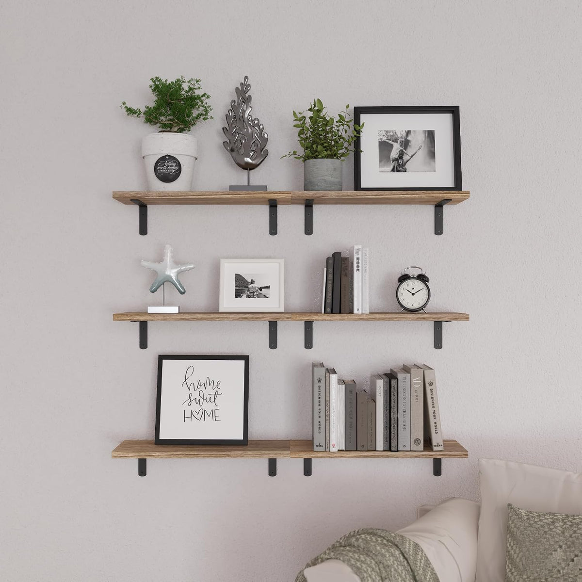 WOPITUES Wood Floating Shelves Set of 6, Shelves for Wall Decor, Farmhouse Shelf for Bedroom, Bathroom Storage Shelves, Book Shelves for Living Room - Rustic Brown (Pack of 2)