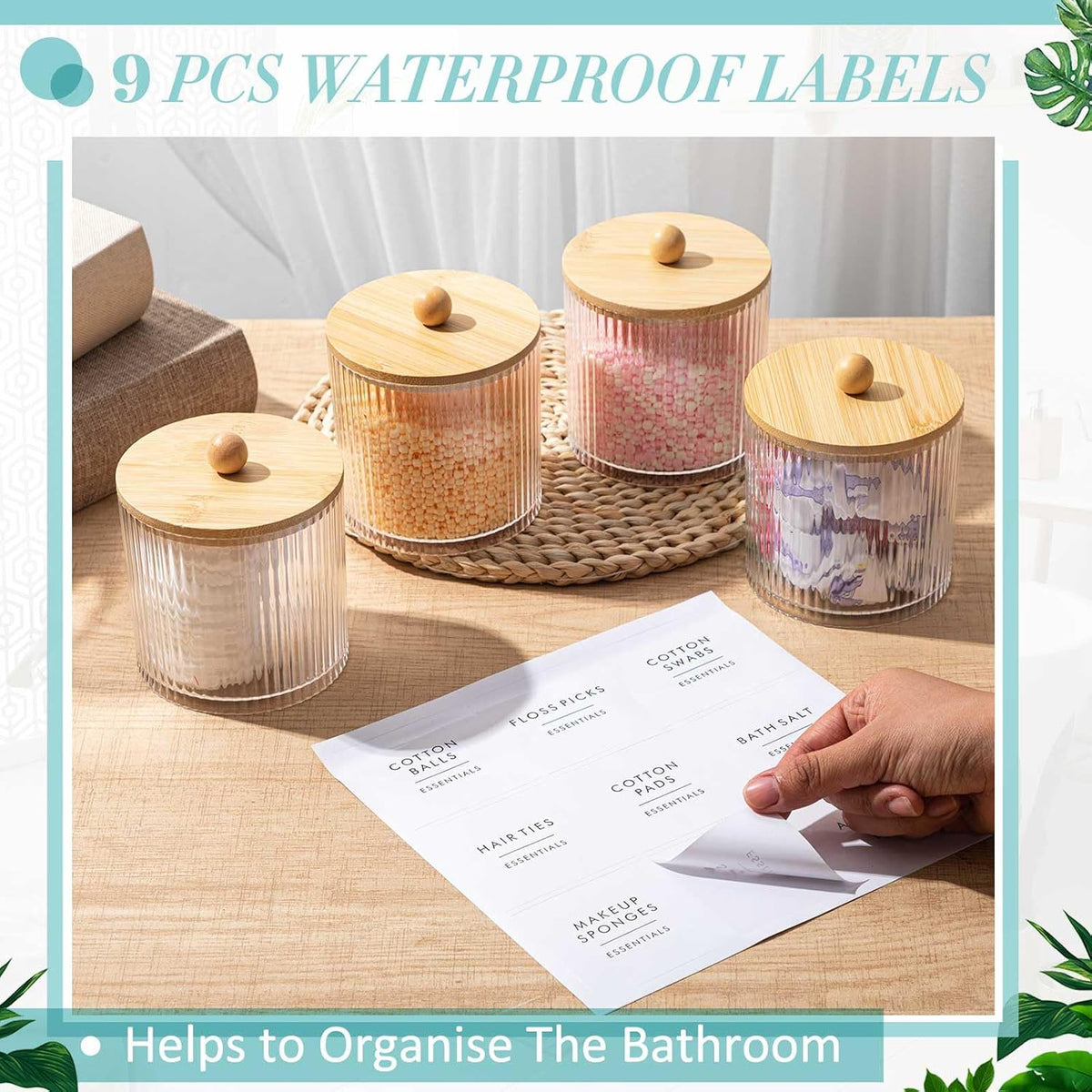 6 Pcs Plastic Holder Dispenser Bathroom Jars Bamboo Lids 18 oz, Wood Color