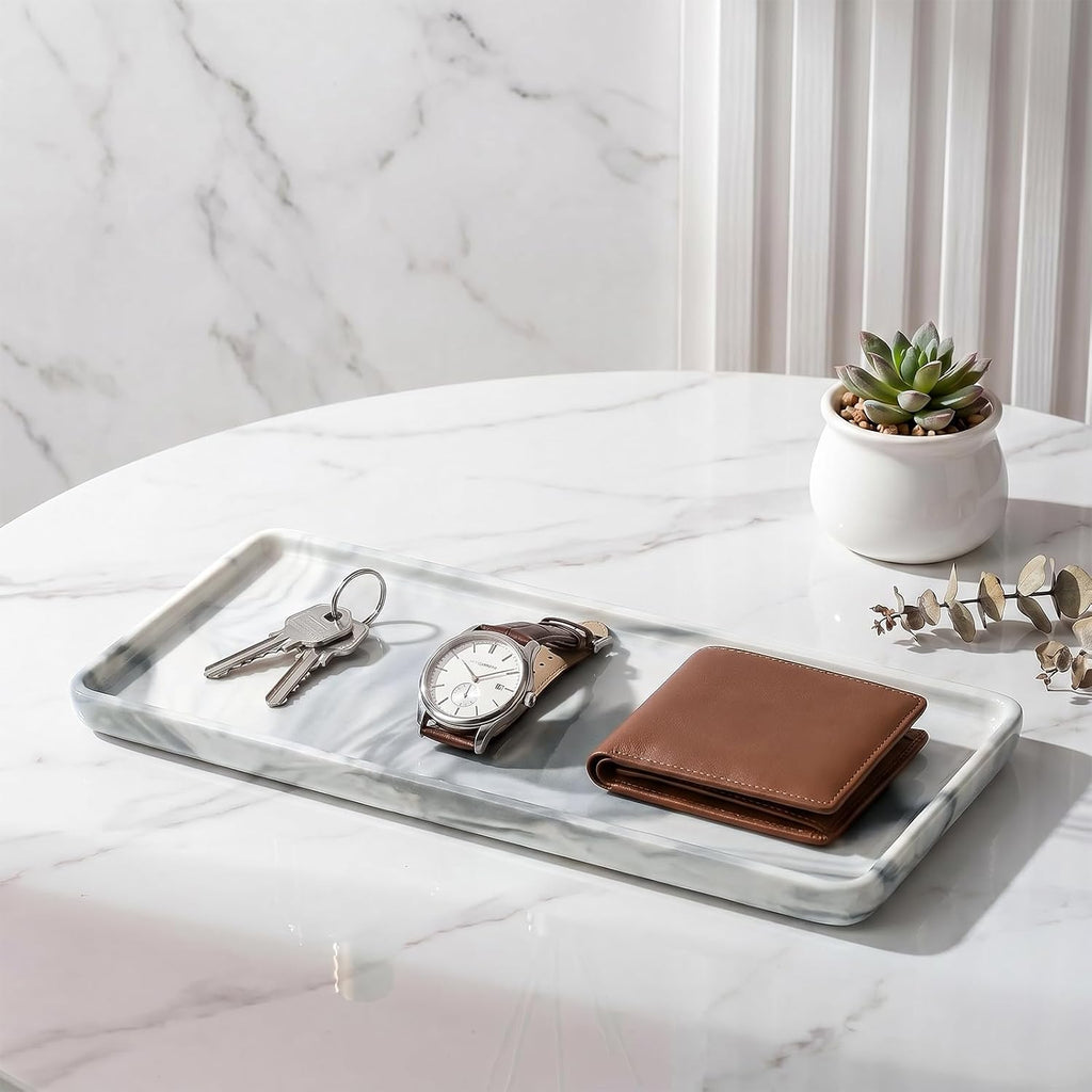 8″ x 3.7″ Ceramic Vanity Tray, Decorative Rectangular Organizer for Bathroom Countertop, Dresser Top, Kitchen & Bathtub, for Soap, Perfume, Candle, Jewelry & Cosmetics (Black)