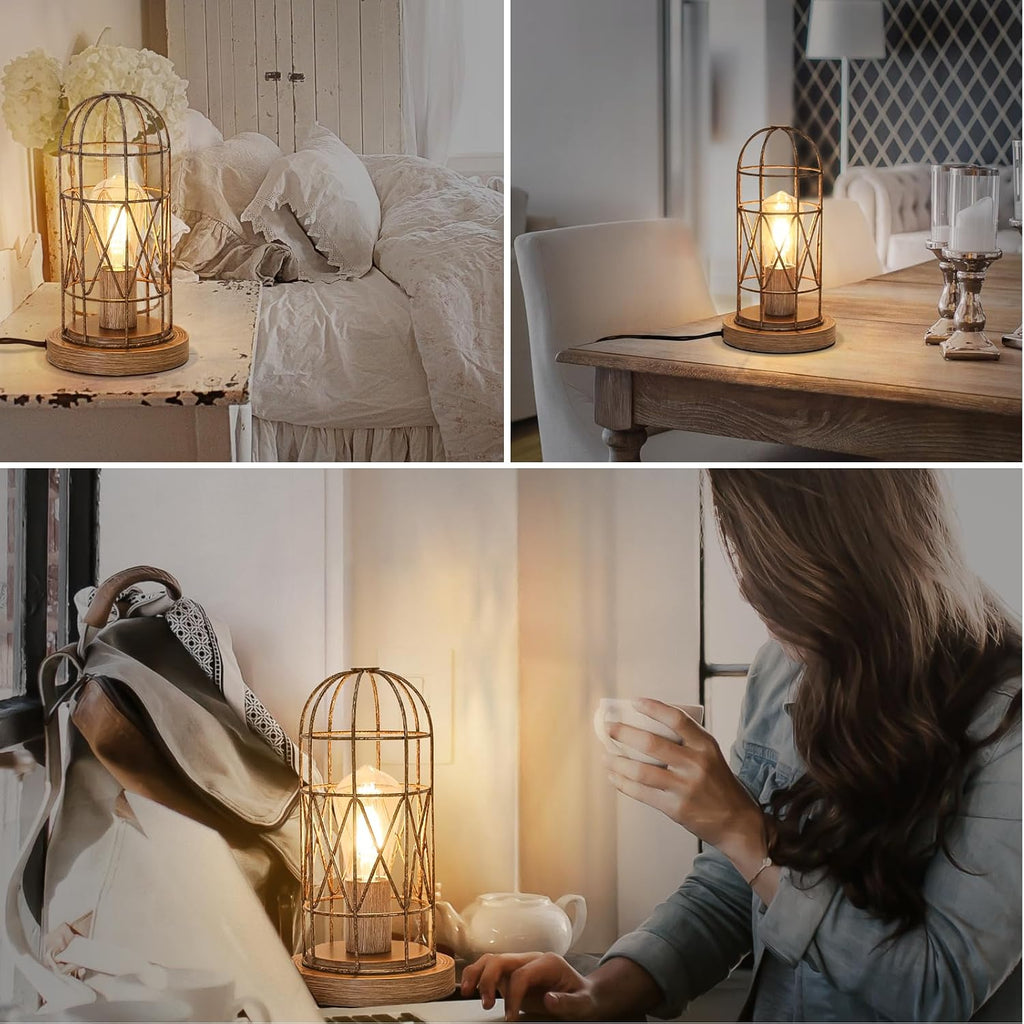 Touch Table Lamp, Industrial Desk Lamp with Rustic Wood Metal Cage Shade