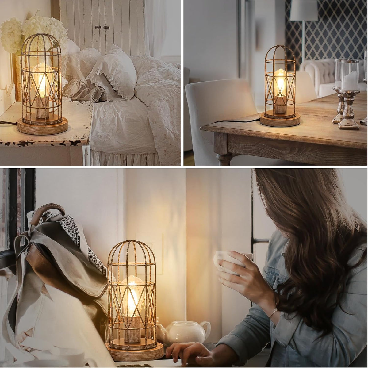 Touch Table Lamp, Industrial Desk Lamp with Rustic Wood Metal Cage Shade
