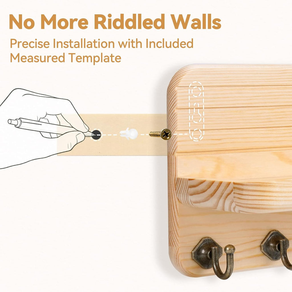 Key Holder for Wall, Mail Organizer Wall Mount with 6 Hooks Wooden Hanging Key Rack for Home Decor, Hallway, Entryway (Wood Color)