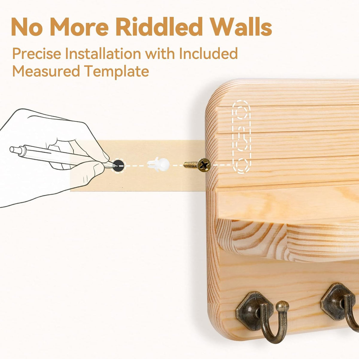 Key Holder for Wall, Mail Organizer Wall Mount with 6 Hooks Wooden Hanging Key Rack for Home Decor, Hallway, Entryway (Wood Color)