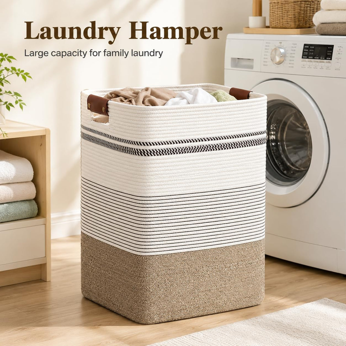 Laundry Hamper, Cotton Rope Laundry Basket with Leather Handles, 22.5-Gallon/85 L Large Clothes Hampers for Laundry, Woven Laundry Baskets for Blankets, Clothing, Bedroom, Living Room, Nursery