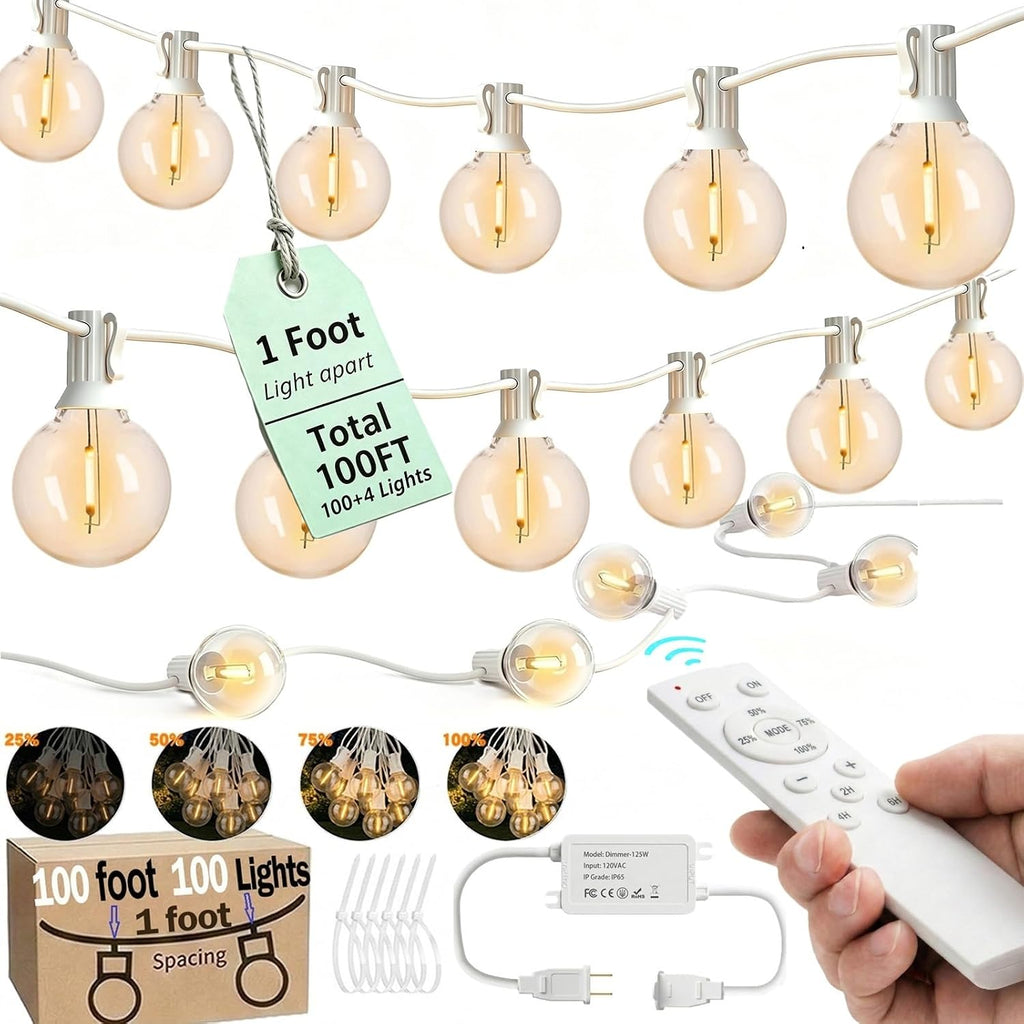 Remote White String Lights for Outside 100FT 100 Lights(1 foot Spacing)