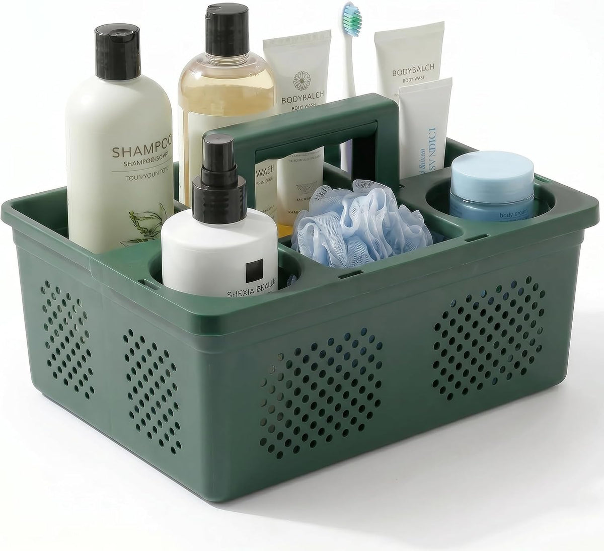 KMV Portable Shower Caddy Dorm: Features handles and adjustable compartments，Ventilation and Drainage Hole Design Cleaning Basket，ideal for toiletries， Essential for college dorms-green