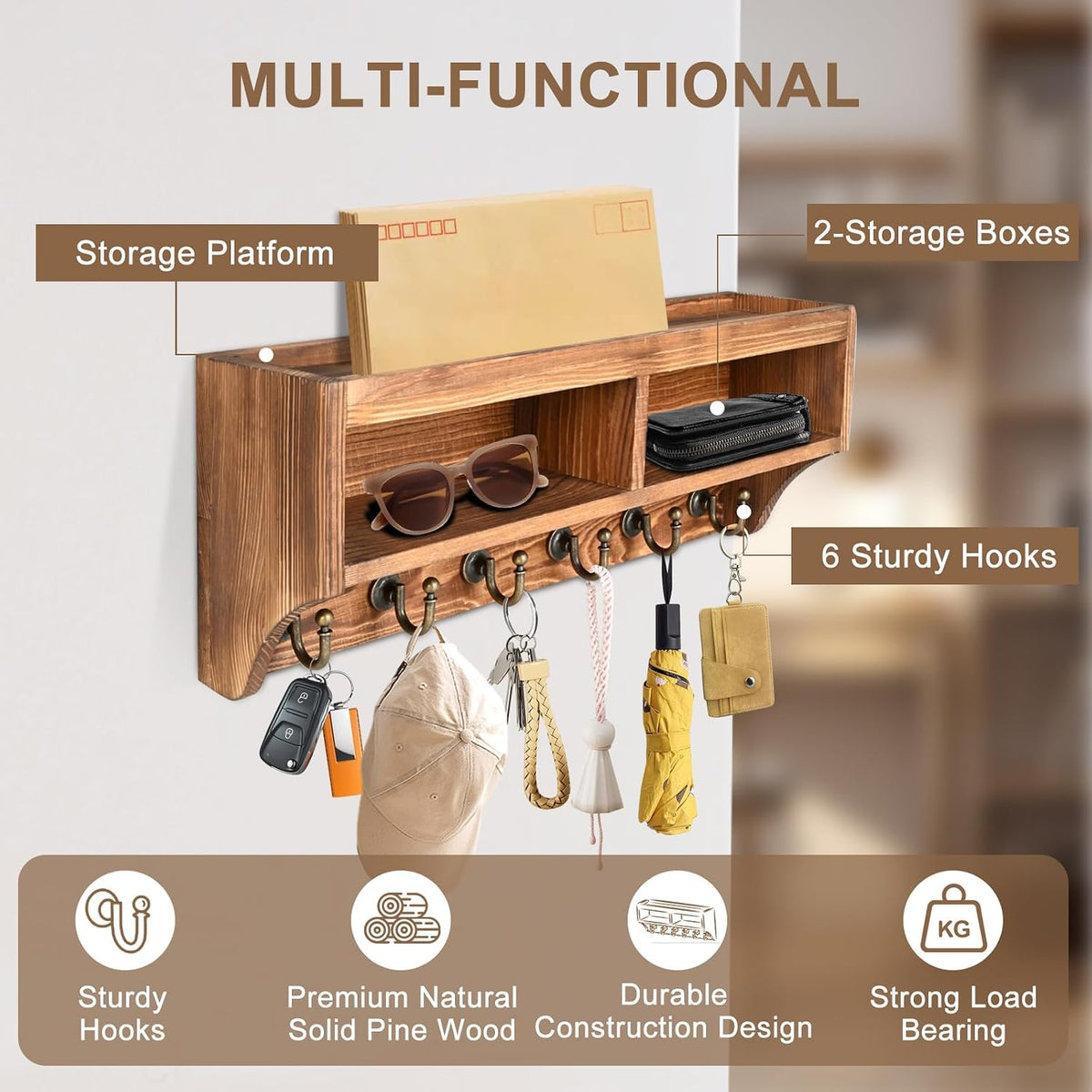 Key Holder Wall Mount with Mail Organizer, 6 Hooks & Shelf, Brown