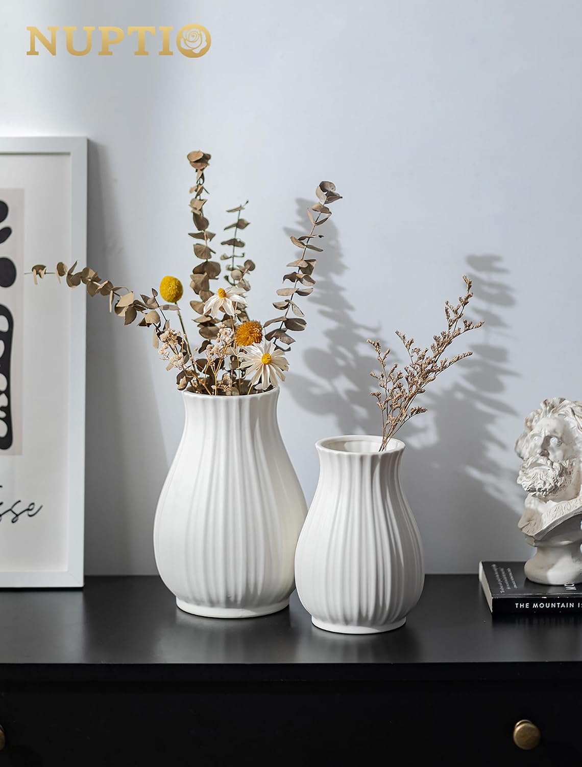 NUPTIO Ceramic Flower Vase for Bouquet, White, 8.07" Tall