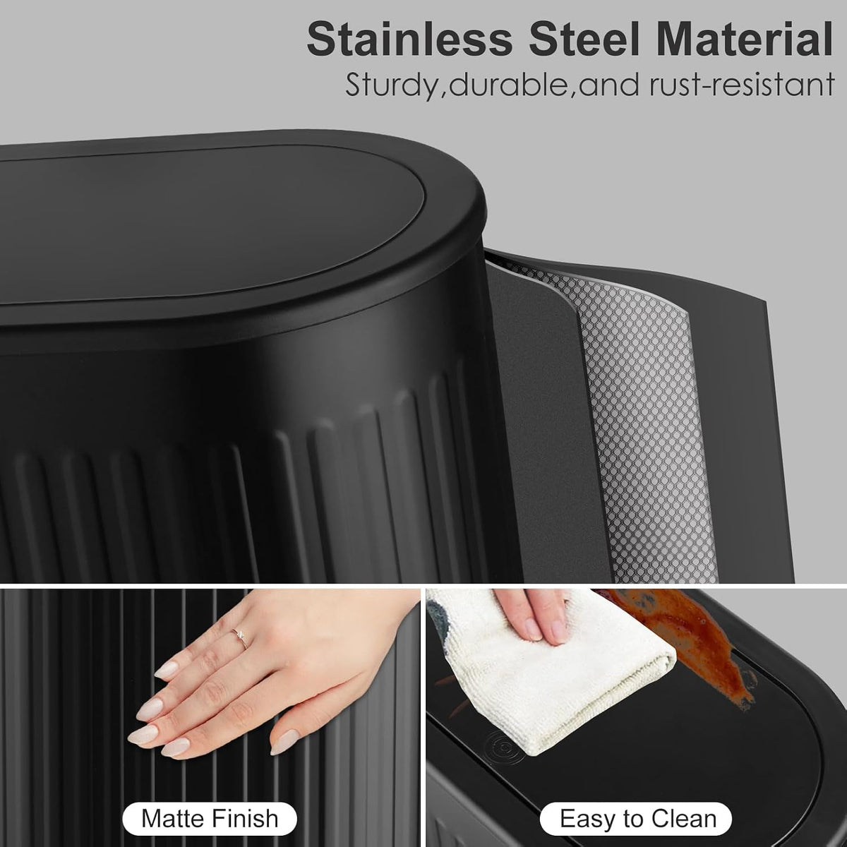 Anzoymx Bathroom Trash Cans Black Stainless Steel with Lids, 1.8 Gallons