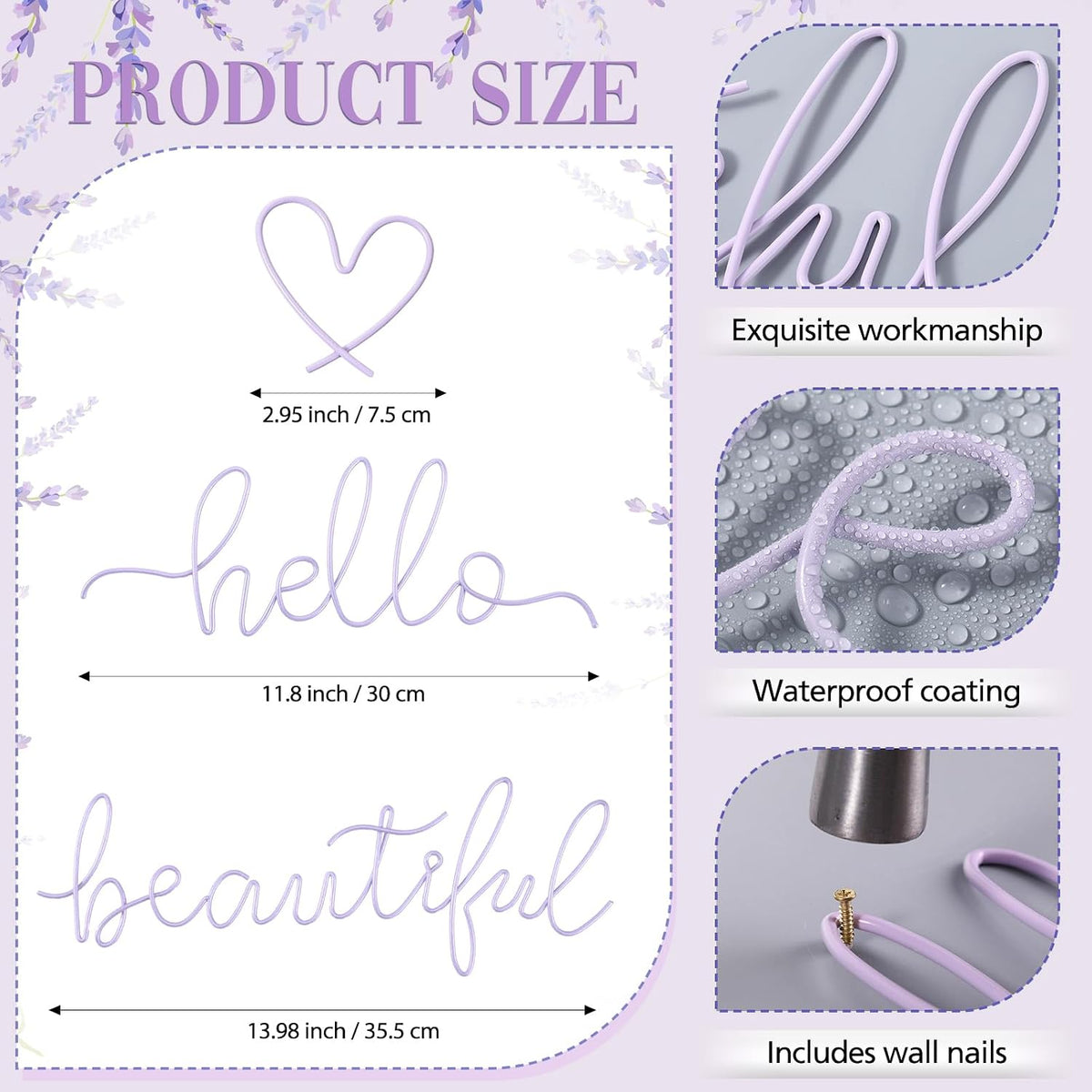 Hicarer Metal Hello Beautiful Wall Art Minimalist Wall Decor, Purple
