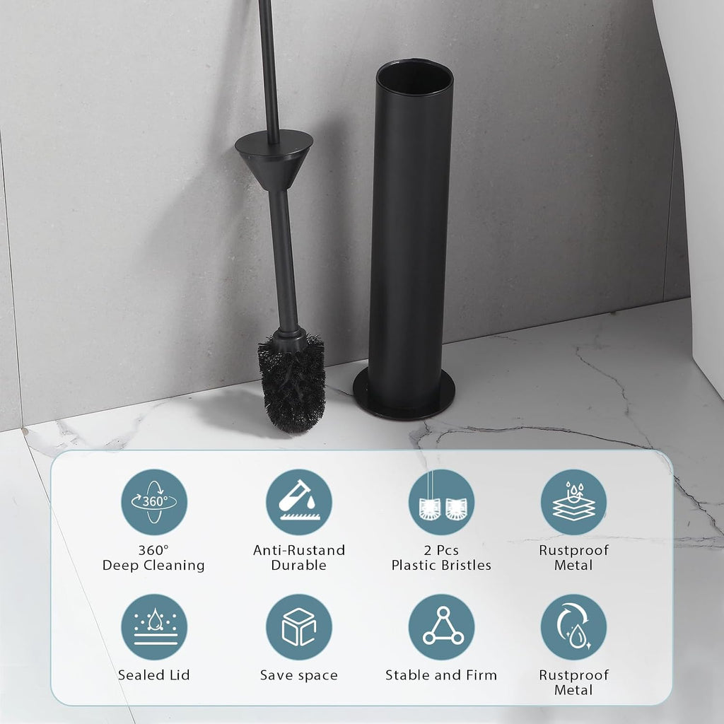 BGL Toilet Brush and Holder Set, Heavy Duty 304 Stainless Steel, Round Base and Long Handle for Bathroom Deep Cleaning, Drip-Proof, Space Saving for Storag, Black
