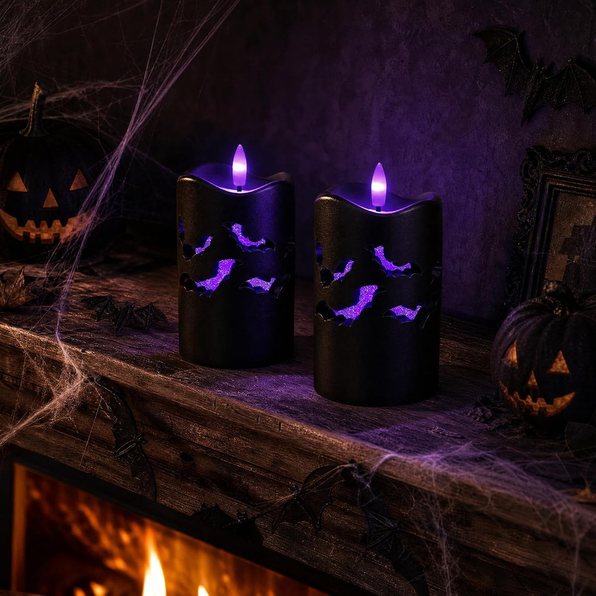 Halloween Flameless Pillar Candles with Bat Cutouts, Remote Control, 2 Pack
