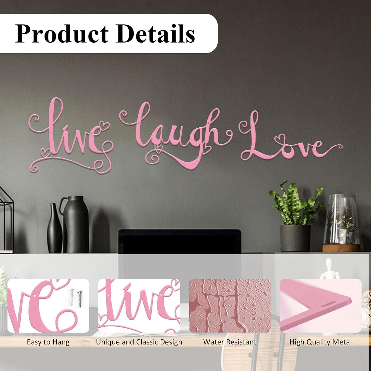 ESTART 3 Pieces Metal Letter 'Live Laugh Love' WordArt Wall Art Decor