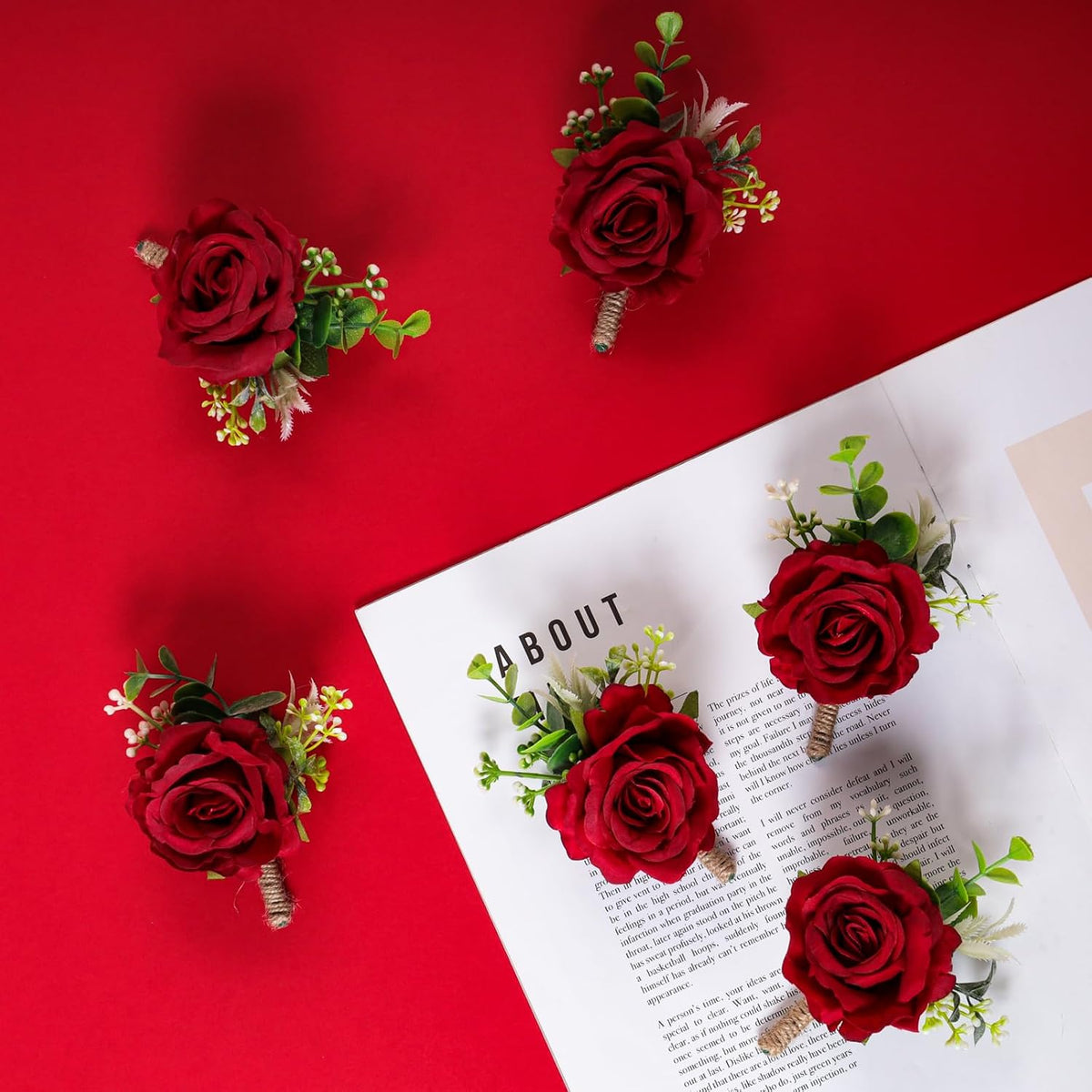 Gvhntk Ivory Rose Boutonniere for Men Wedding Set of 6 Groom Groomsmen Best Man Artificial Flowers Boutonniere for Wedding Ceremony Anniversary Prom Flowers Formal Dinner Party (6, Red, Middle)