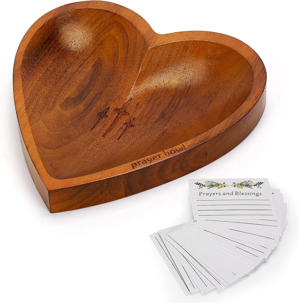 Prayer Bowl with 24 Blessing Cards Wooden Prayer Bowl Rustic Heart Shaped Decor Dough Bowls Christian Gifts for Mom Dad (Dark)