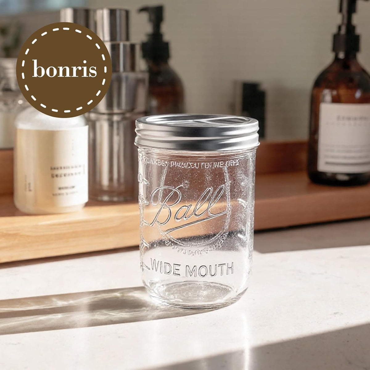 2Pcs Mason Jar Toothbrush Holder 16oz Glass with Premium Rustproof 304 Stainless Steel Lid-Farmhouse Bathroom Organizers and Storage（Silver）