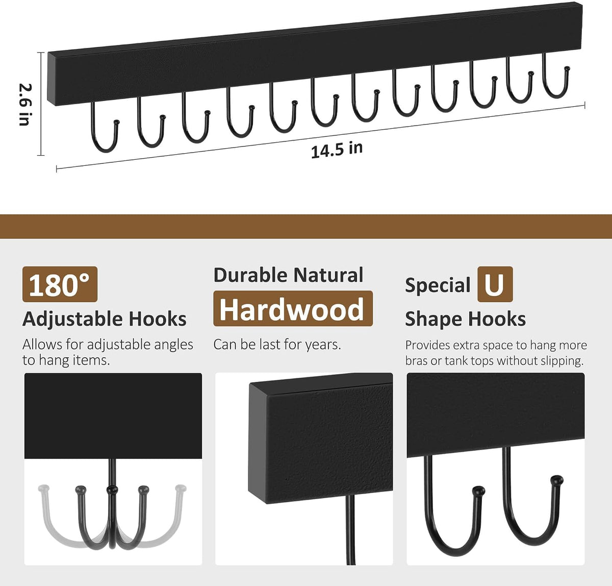 ZEDODIER 2 Pack Necklace Organizer Wall Mount, Wooden Self-Adhesive Jewelry Hanger with 24 Adjustable Hooks, Hanging Holder for Necklace, Belts, Tank Tops, Bras, Black