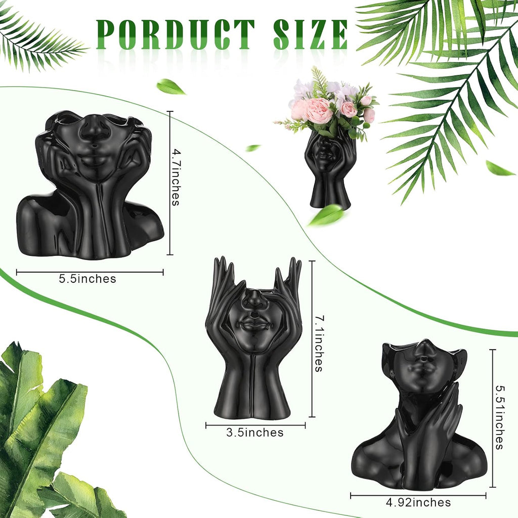 Sieral 3 Pcs Ceramic Face Vase Female Form Body Flower Vase, Small, Black