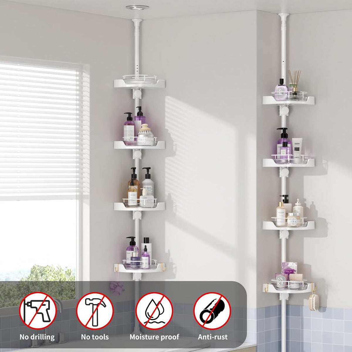 YCIA&DONE 360° Rotating Corner Shower Caddy Tension Pole, 4 Tiers Shower Organizer for Bathroom Shelf Bathtub, Adjustable Standing Shower Rack, Easily Assemble, 34-124 Inch Height, White