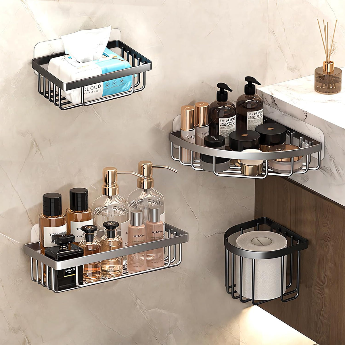 Shower Caddy Adhesive Replacement Hooks, Strong Waterproof Strips, No Drilling for Bathroom Shelves, Kitchen Racks, and Soap Holders (Transparent-14 Pack)