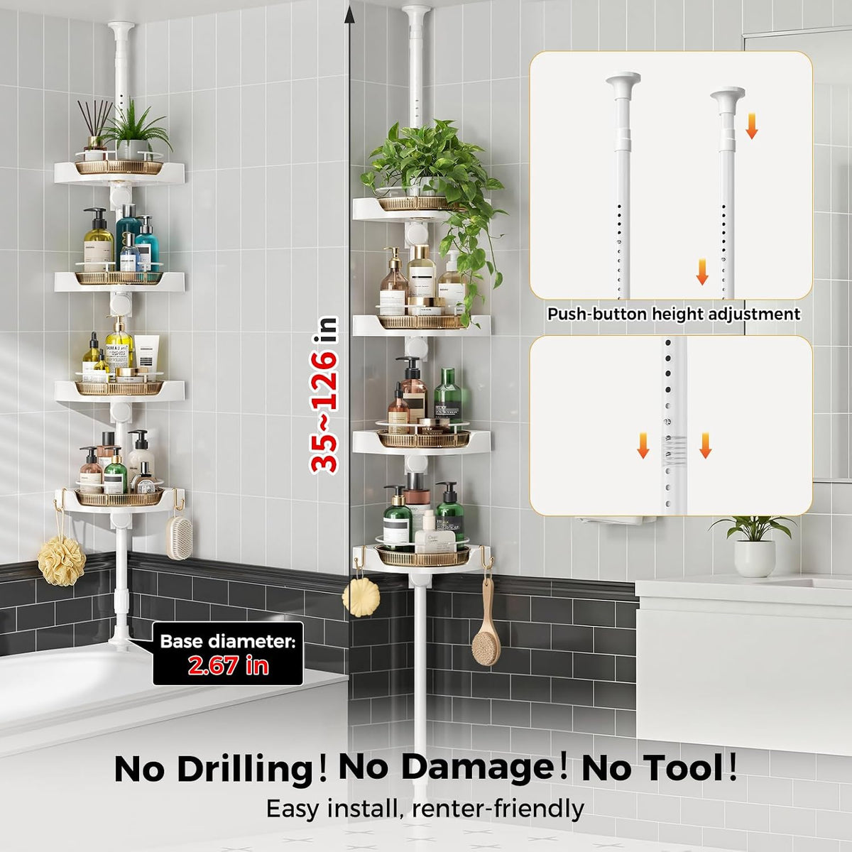 360°Rotating Corner Shower Caddy Organizer Tension Pole,Gold