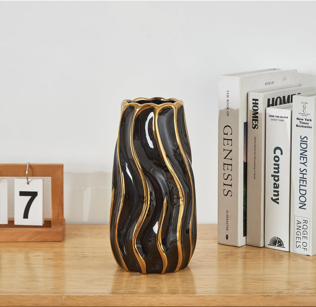 Black Ceramic Vase for Home Decor, Vertical Stripe Decorative Flower Vase for Bedroom, Office, Living Room, Bathroom, Tabletop Decor