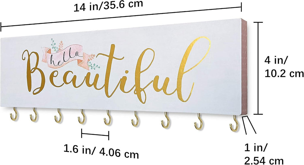 SANY DAYO HOME Hello Beautiful Wall Mount Necklace Holder Organizer with 9 Jewelry Hooks for Ring, Hair Bow, Headband, Purse - Wall Decor for Girls Room