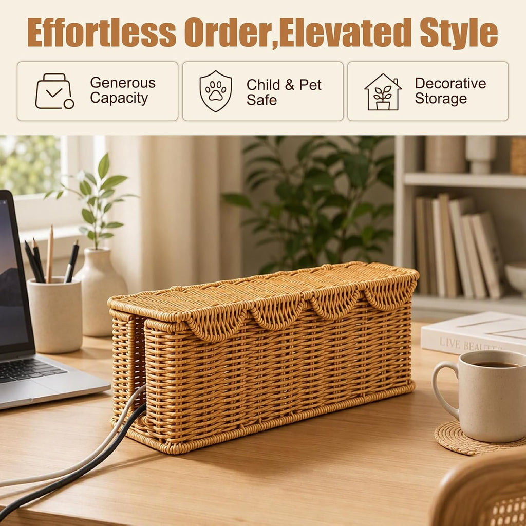 Handmade Rattan Cable Management Box, U Dual Slot Cord Hider Organizer Box
