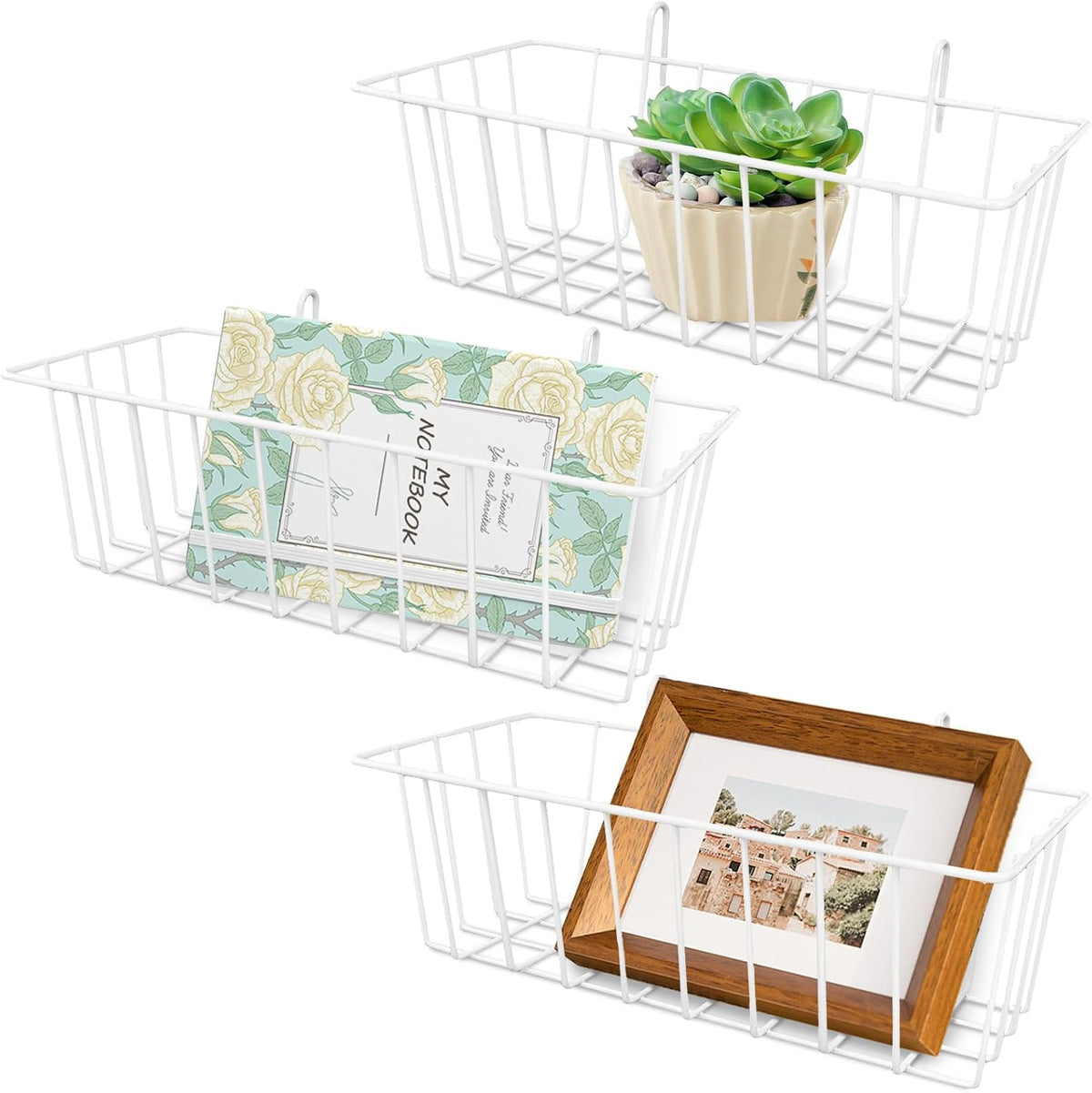3PCS Wire Baskets,Metal Wire Storage Basket,Wall Hanging Bin and Display Basket for Kitchen,Cabinet,Pantry,Bathroom,Home Decor Supplies,Potted Plants,White
